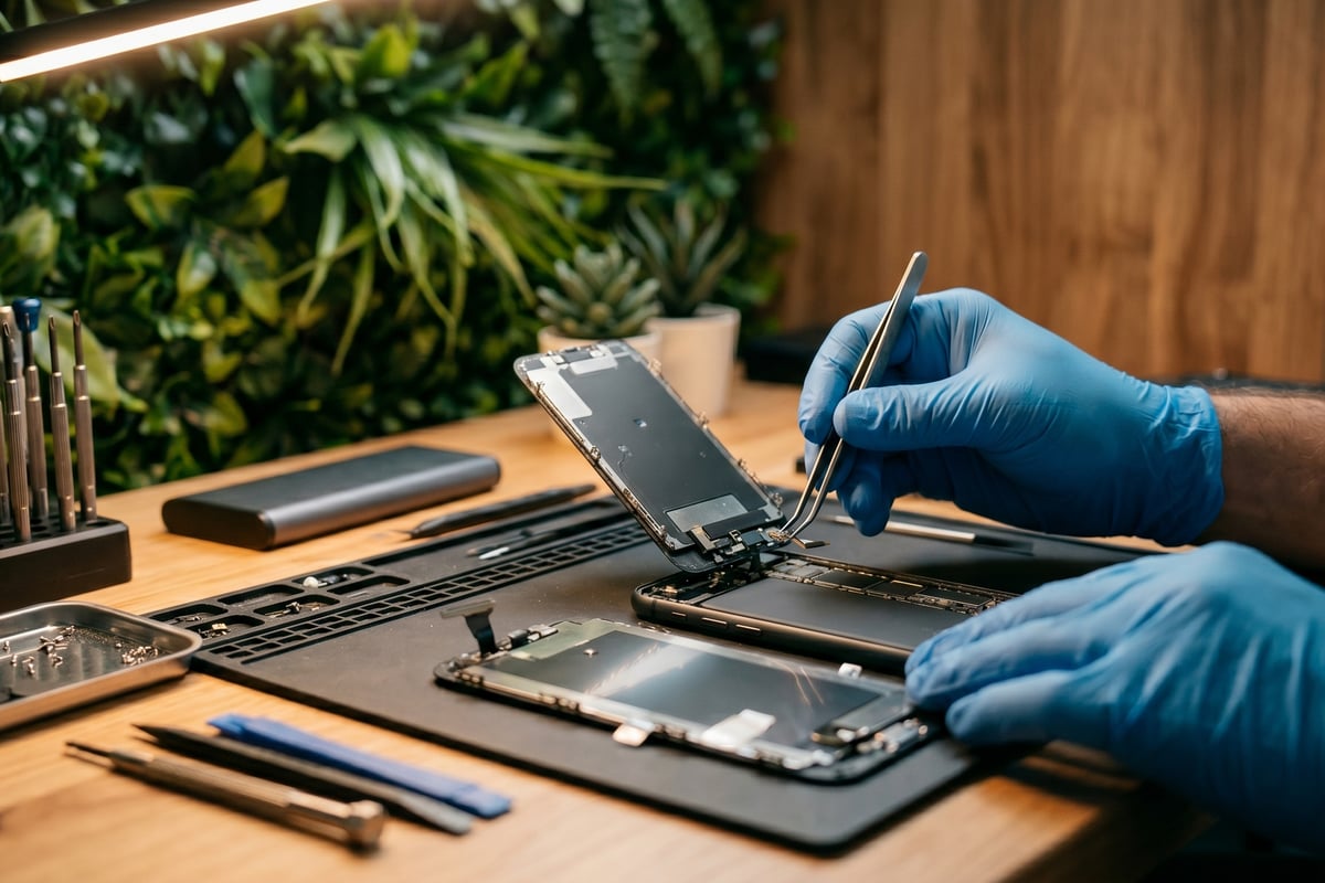 Technicien Espace Call réparant un smartphone à Grenoble